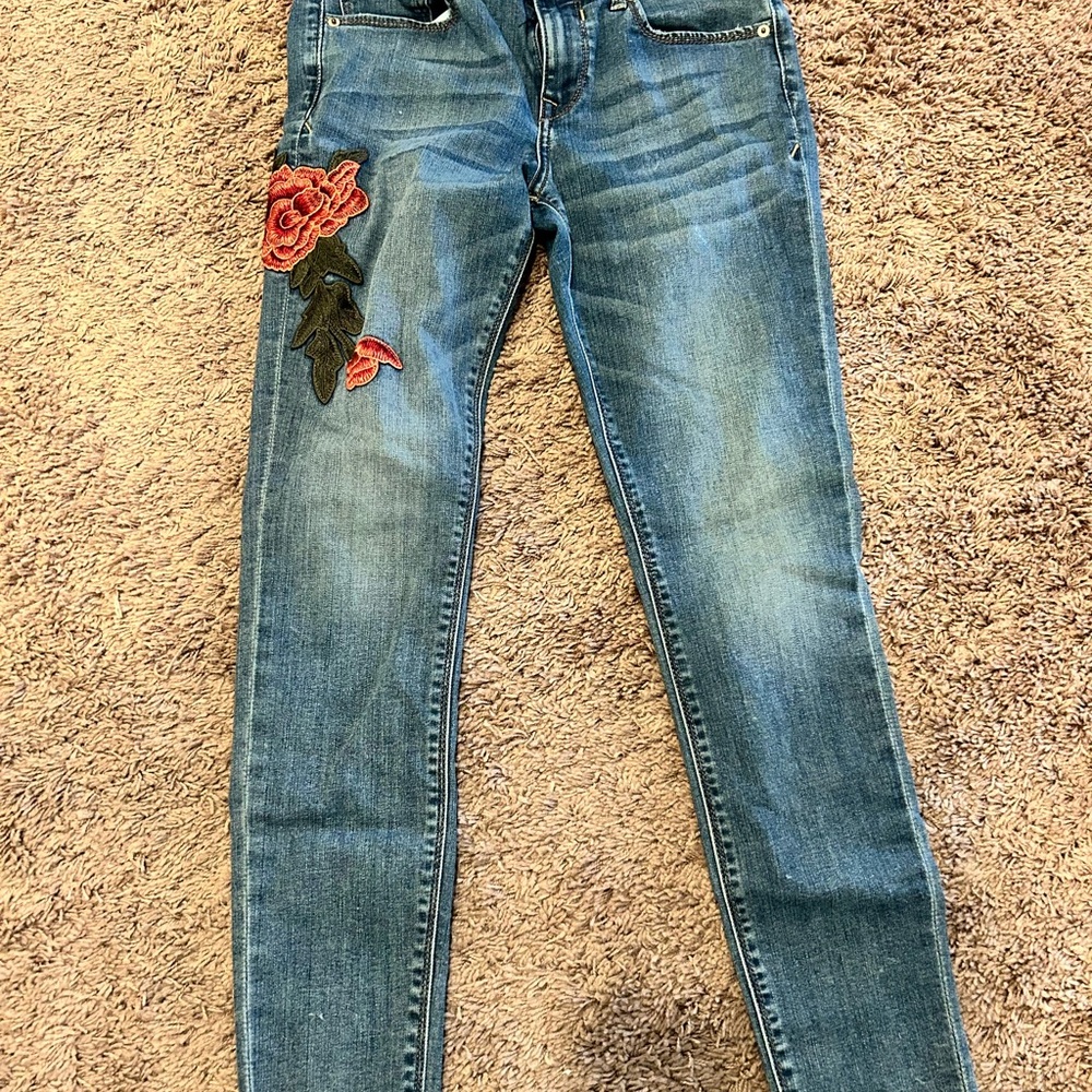 Express Blue Skinny Jeans with Floral Embroidery